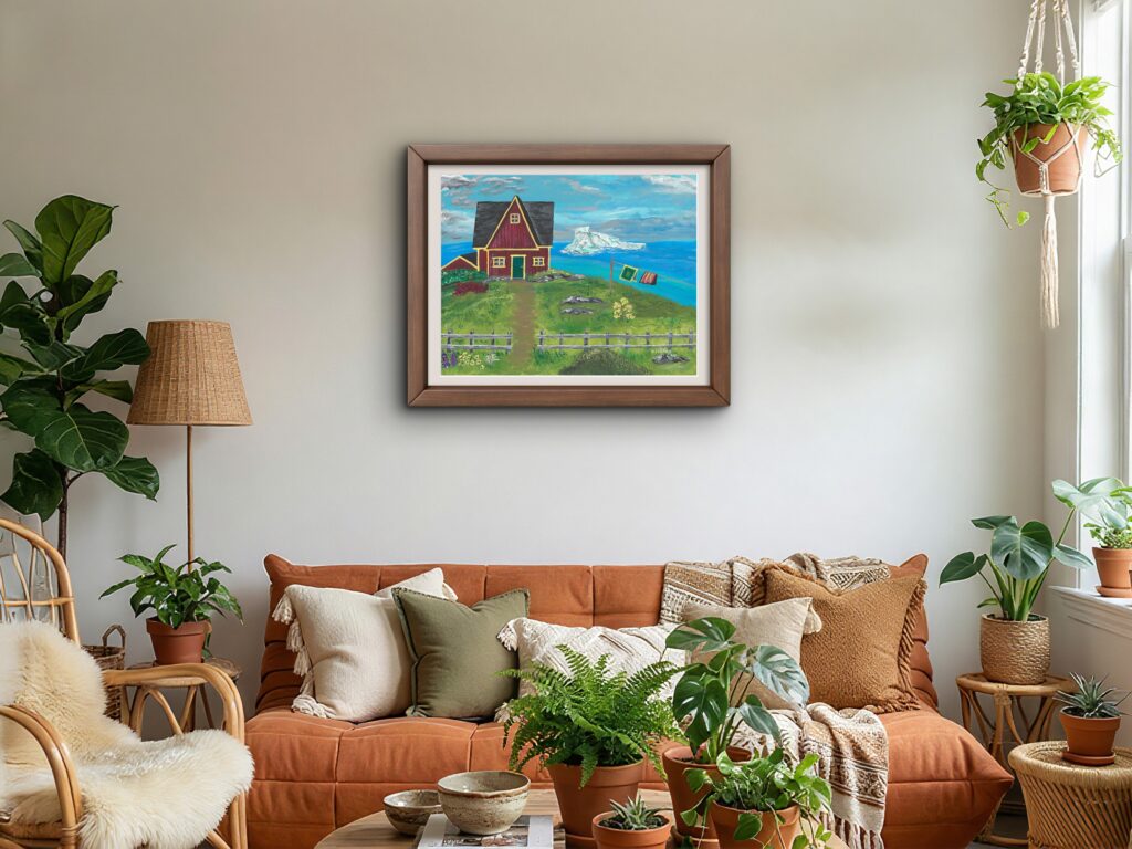 A print of an original acrylic painting of a red Newfoundland home overlooking the ocean with a majestic iceberg drifting offshore beneath a bright blue sky.