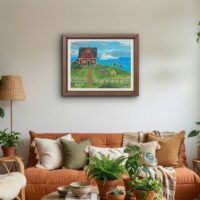 A print of an original acrylic painting of a red Newfoundland home overlooking the ocean with a majestic iceberg drifting offshore beneath a bright blue sky.