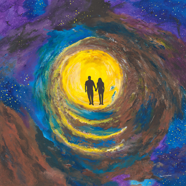 Original acrylic painting of a colourful cosmic landscape with celestial light and an expansive night sky, exploring humanity's place in the universe.
