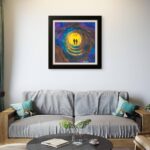 Print of an original acrylic painting of a colourful cosmic landscape with celestial light and an expansive night sky, exploring humanity's place in the universe.