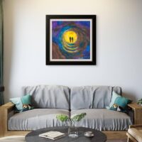 Print of an original acrylic painting of a colourful cosmic landscape with celestial light and an expansive night sky, exploring humanity's place in the universe.
