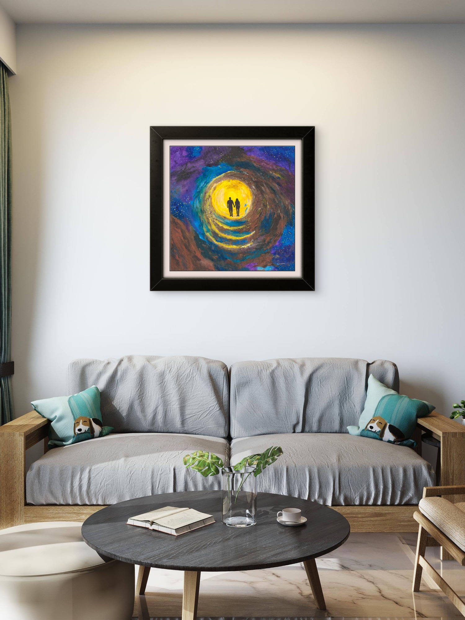 Print of an original acrylic painting of a colourful cosmic landscape with celestial light and an expansive night sky, exploring humanity's place in the universe.
