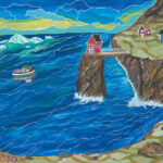 Original acrylic painting of colourful Newfoundland homes perched on a hill overlooking the Atlantic Ocean beneath a bright blue sky.
