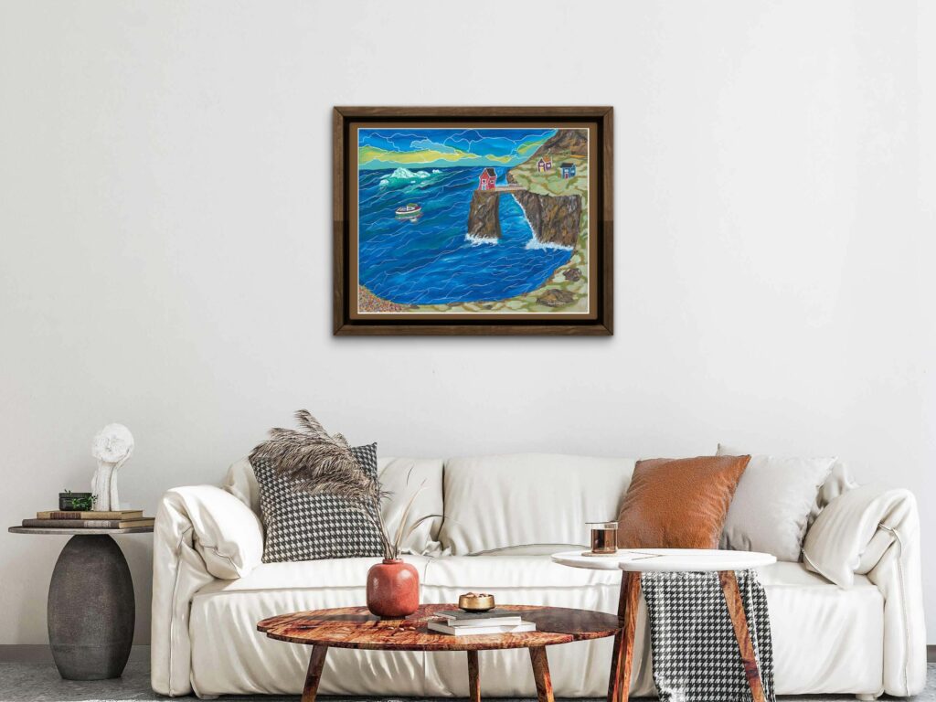 Print of an original acrylic painting of colourful Newfoundland homes perched on a hill overlooking the Atlantic Ocean beneath a bright blue sky.