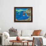 Print of an original acrylic painting of colourful Newfoundland homes perched on a hill overlooking the Atlantic Ocean beneath a bright blue sky.