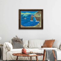 Print of an original acrylic painting of colourful Newfoundland homes perched on a hill overlooking the Atlantic Ocean beneath a bright blue sky.