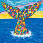 Original acrylic painting of a colorful quilted patchwork whale tail rising from the ocean, celebrating Newfoundland's marine life and coastal heritage.
