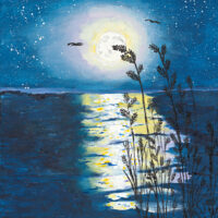 Original acrylic painting of tall shoreline reeds reflected in calm blue water beneath a rich evening sky, inspired by Newfoundland's peaceful coastal landscape.