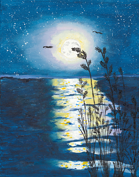 Original acrylic painting of tall shoreline reeds reflected in calm blue water beneath a rich evening sky, inspired by Newfoundland's peaceful coastal landscape.