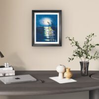 Print of an original acrylic painting of tall shoreline reeds reflected in calm blue water beneath a rich evening sky, inspired by Newfoundland's peaceful coastal landscape.