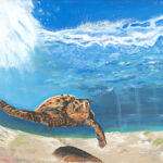 Original acrylic painting of a sea turtle diving gracefully into clear blue ocean waters, celebrating the beauty and freedom of marine life.