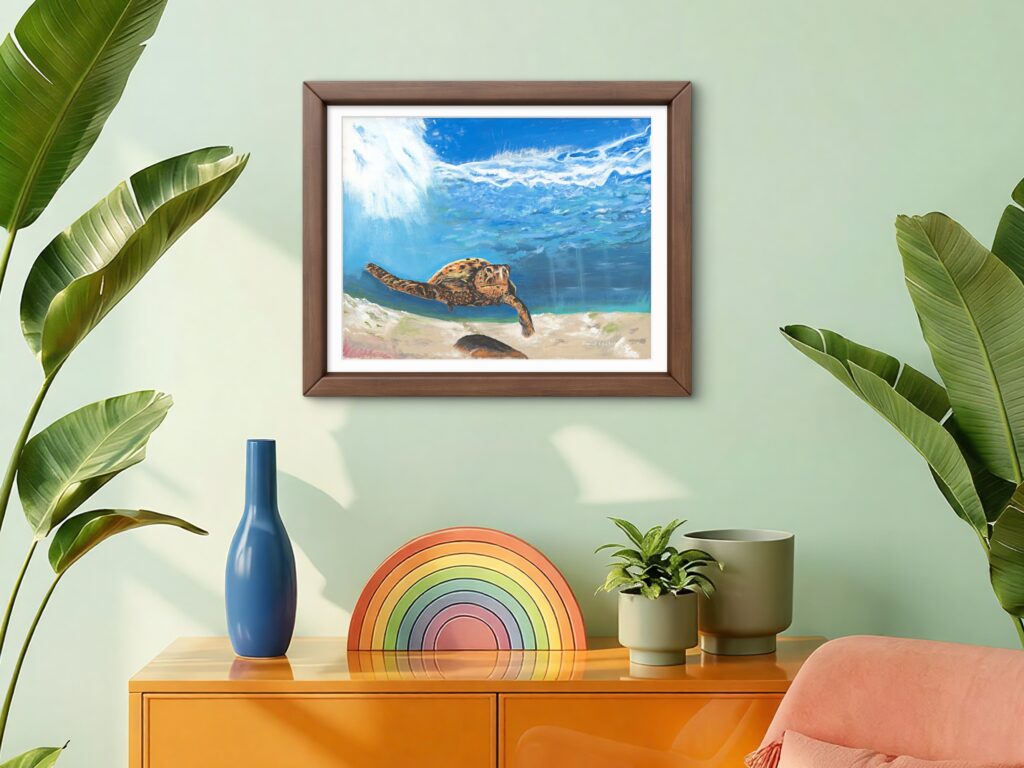 Print of an original acrylic painting of a sea turtle diving gracefully into clear blue ocean waters, celebrating the beauty and freedom of marine life.