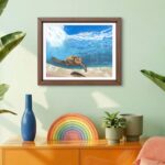 Print of an original acrylic painting of a sea turtle diving gracefully into clear blue ocean waters, celebrating the beauty and freedom of marine life.