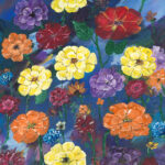 Original acrylic painting of a vibrant bouquet of colourful flowers against a soft background, celebrating the beauty of a late summer bloom.