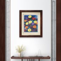 Print of the original acrylic painting of a vibrant bouquet of colourful flowers against a soft background, celebrating the beauty of a late summer bloom.