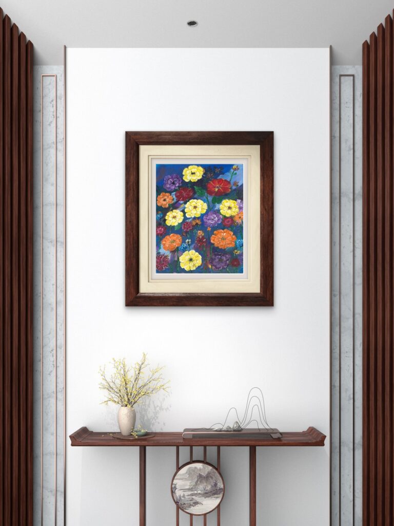 Print of the original acrylic painting of a vibrant bouquet of colourful flowers against a soft background, celebrating the beauty of a late summer bloom.