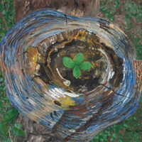 Original acrylic painting of fresh green growth emerging from a weathered tree stump, symbolizing resilience, renewal, and the enduring strength of nature.