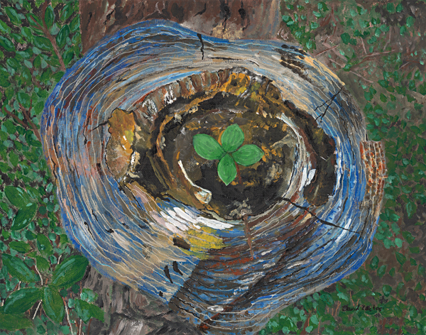 Original acrylic painting of fresh green growth emerging from a weathered tree stump, symbolizing resilience, renewal, and the enduring strength of nature.
