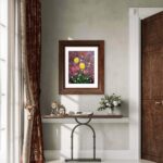 Print of an original acrylic painting of vibrant red and yellow tulips set against rich purple tones, celebrating friendship, companionship, and the beauty of spring flowers.