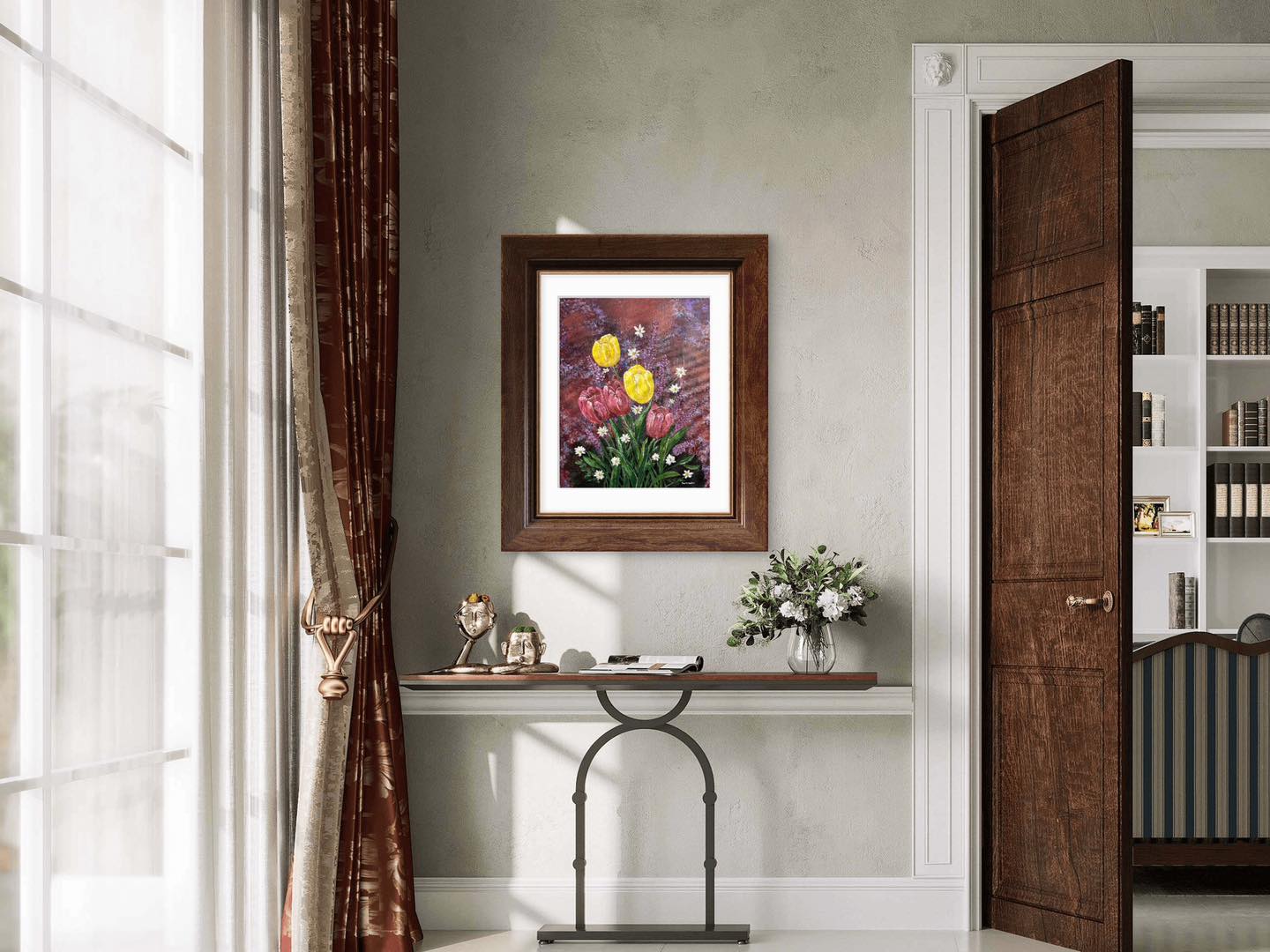 Print of an original acrylic painting of vibrant red and yellow tulips set against rich purple tones, celebrating friendship, companionship, and the beauty of spring flowers.