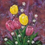 Original acrylic painting of vibrant red and yellow tulips set against rich purple tones, celebrating friendship, companionship, and the beauty of spring flowers.