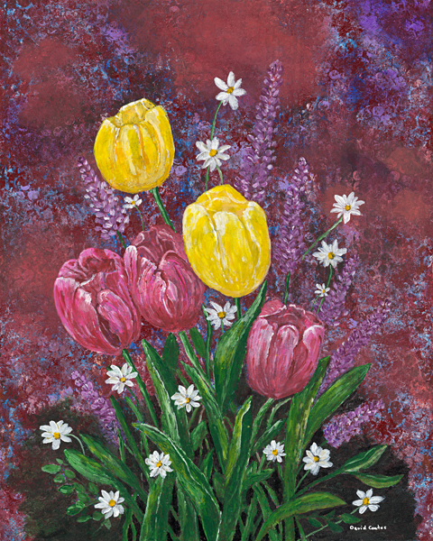 Original acrylic painting of vibrant red and yellow tulips set against rich purple tones, celebrating friendship, companionship, and the beauty of spring flowers.