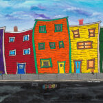 Original acrylic painting of colourful crooked Newfoundland row houses lining a street with a sidewalk, celebrating the charm of historic coastal communities.