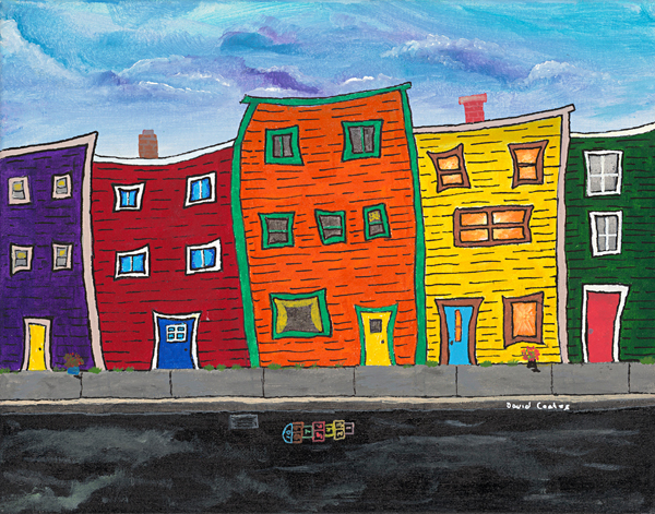 Original acrylic painting of colourful crooked Newfoundland row houses lining a street with a sidewalk, celebrating the charm of historic coastal communities.
