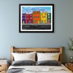 Print of an original acrylic painting of colourful crooked Newfoundland row houses lining a street with a sidewalk, celebrating the charm of historic coastal communities.
