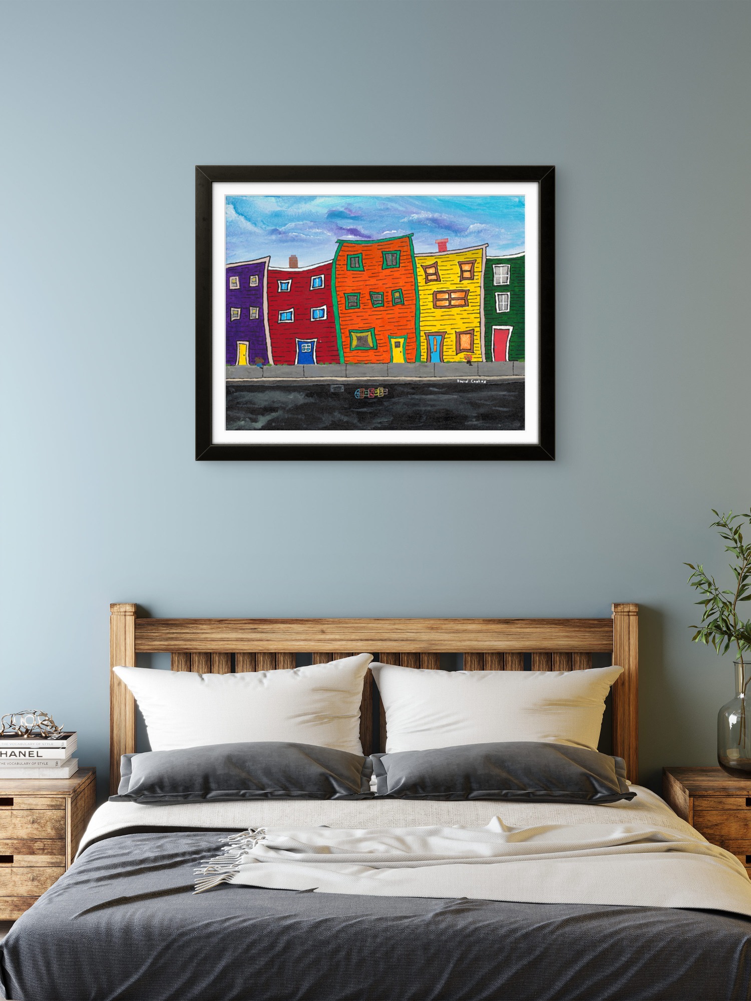 Print of an original acrylic painting of colourful crooked Newfoundland row houses lining a street with a sidewalk, celebrating the charm of historic coastal communities.