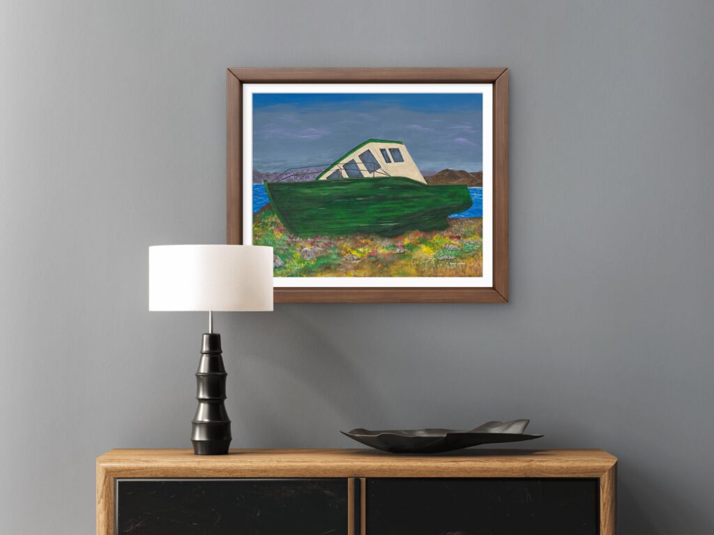 Print of an original acrylic painting of a weathered green fishing boat resting on a Newfoundland shoreline, reflecting the province's rich maritime heritage and history.