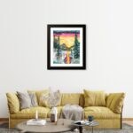Print of an original acrylic painting of a colourful pond reflecting brilliant yellow and pink skies surrounded by trees in a vibrant landscape.