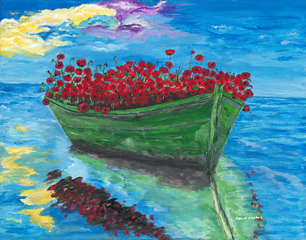 Fine art print of a green dory filled with vibrant red poppies beneath a bright blue sky, inspired by the beauty and heritage of Newfoundland.