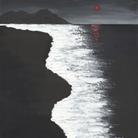 Original acrylic painting of a brilliant red moon rising above a dark mountain landscape beneath a clear night sky.