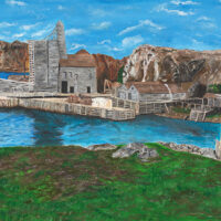 Original acrylic painting of the historic old copper mine at Crow Head, Newfoundland, surrounded by rugged coastal landscape and dramatic natural scenery.