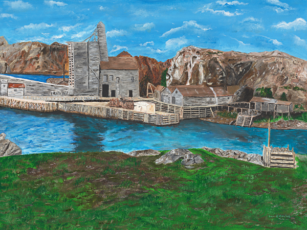Original acrylic painting of the historic old copper mine at Crow Head, Newfoundland, surrounded by rugged coastal landscape and dramatic natural scenery.