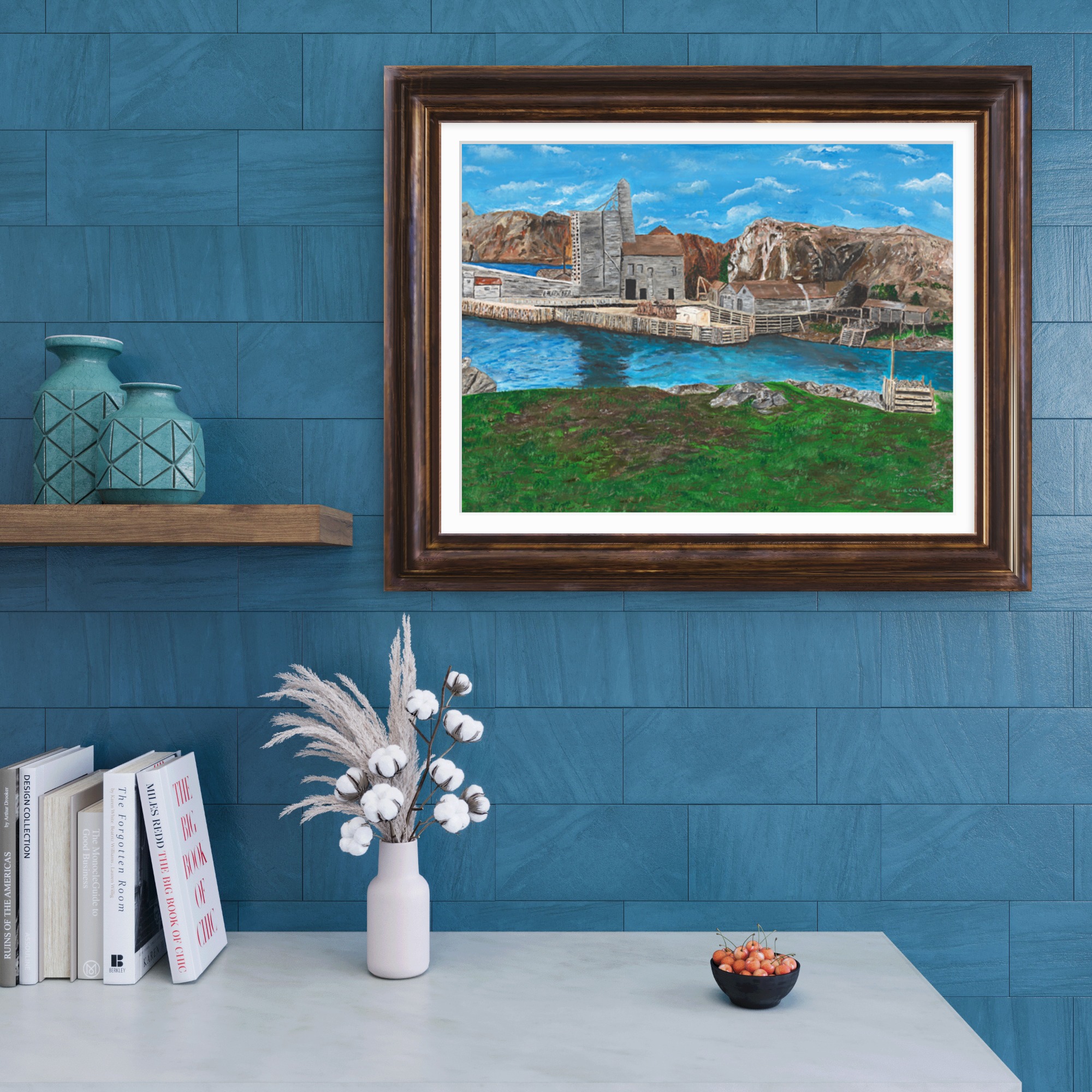Original acrylic painting of the historic old copper mine at Crow Head, Newfoundland, surrounded by rugged coastal landscape and dramatic natural scenery.