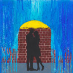 Original acrylic painting of two people walking together beneath an umbrella on a rainy day, capturing a quiet moment of companionship and shelter.