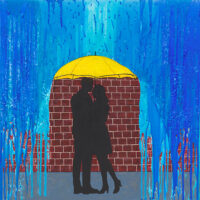 Original acrylic painting of two people walking together beneath an umbrella on a rainy day, capturing a quiet moment of companionship and shelter.