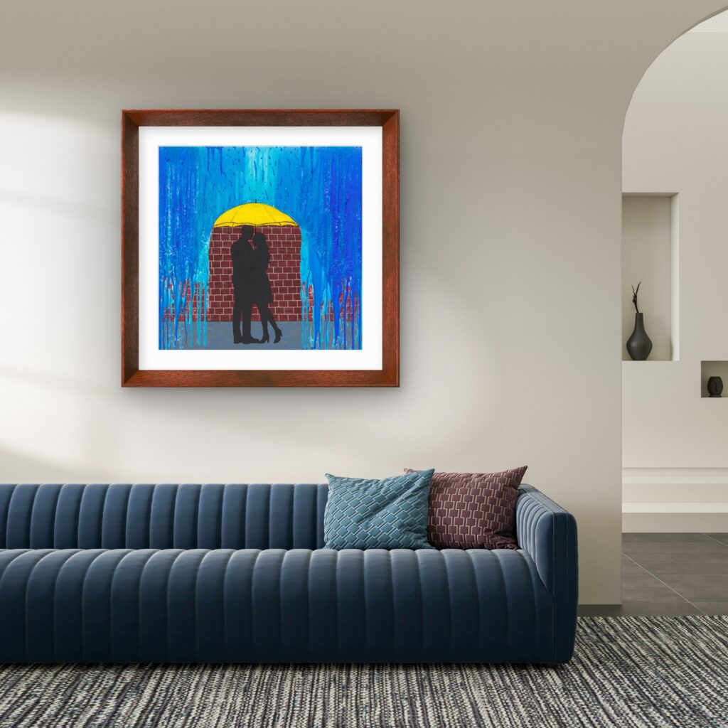 Original acrylic painting of two people walking together beneath an umbrella on a rainy day, capturing a quiet moment of companionship and shelter.