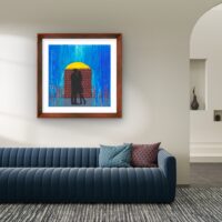 Original acrylic painting of two people walking together beneath an umbrella on a rainy day, capturing a quiet moment of companionship and shelter.