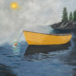 The image shows a yellow dory boat anchored in a cove with the sun starting to break through the fog.
